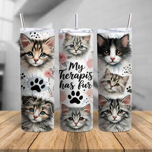 Cat Lover Tumbler 20oz | “My Therapist Has Fur” Stainless Steel Cup